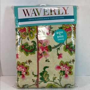 WAVERLY PEVA Flannelback TableCloth Floral Pink Green Cream Oblong 60 X 84”~ New